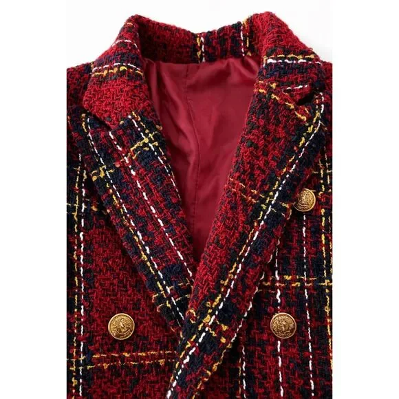 Red Tweed Style Open Front Jacket-Gold Button Detail Bouclé Knit Blazer |Medium - Picture 4 of 12